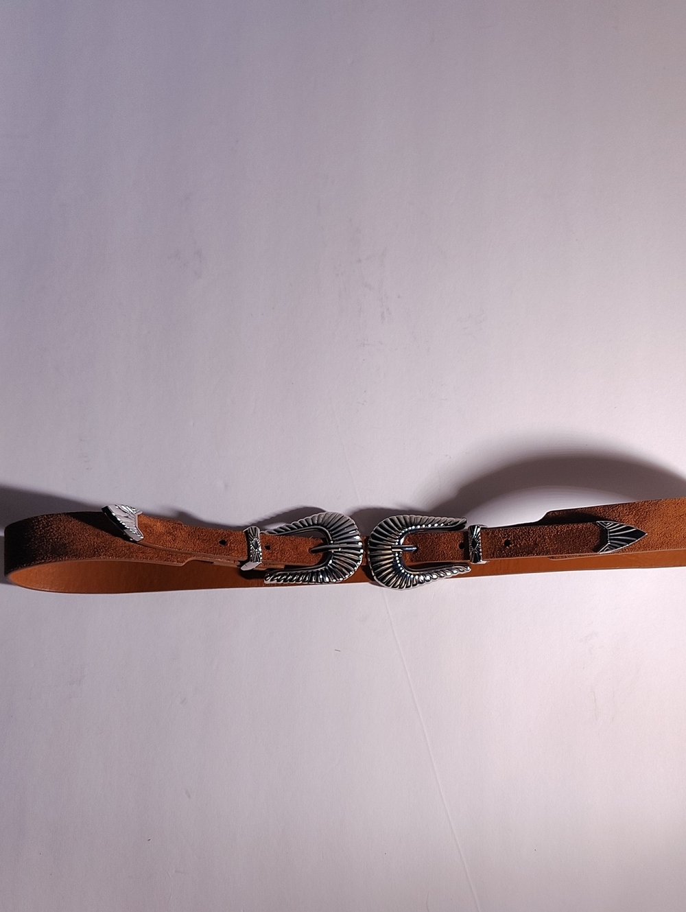 Women's Size S/M Double-Buckle Tan Leather Belt with Silver Western Hardware WM